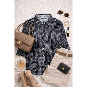 Chaps Women Button Down Shirt 2X Navy Blue Polka Dot No Iron Career‎ Preppy